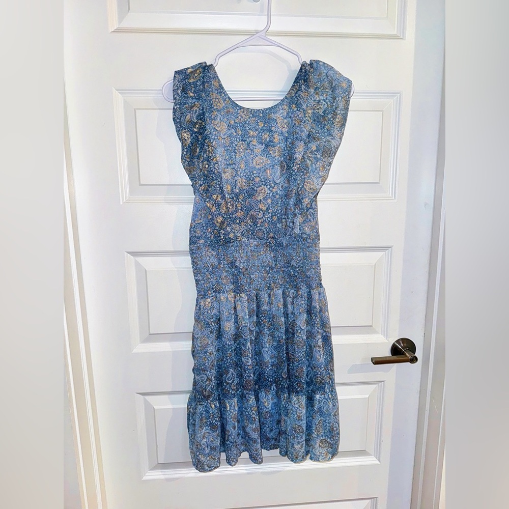 Michael Kors Blue golden paisley mini dress featuring ruffle sleeves